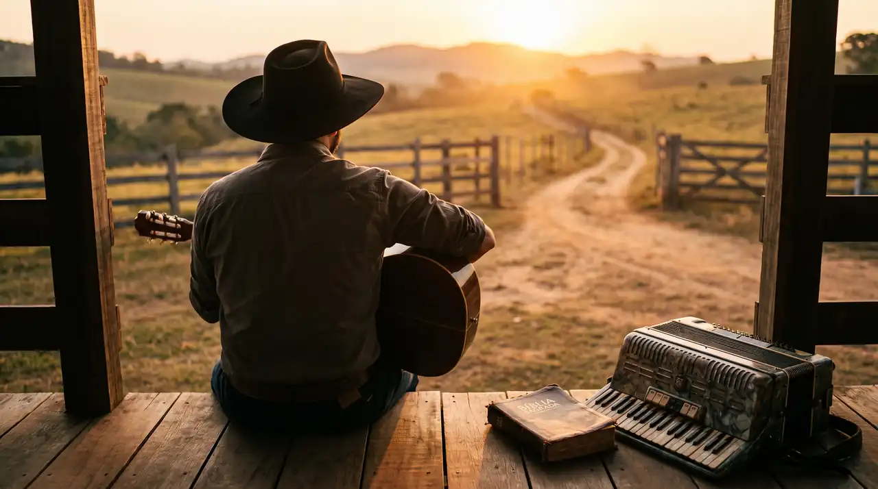 Cantor sertanejo de chapéu com violão ao entardecer, em contraluz, numa estrada de terra
