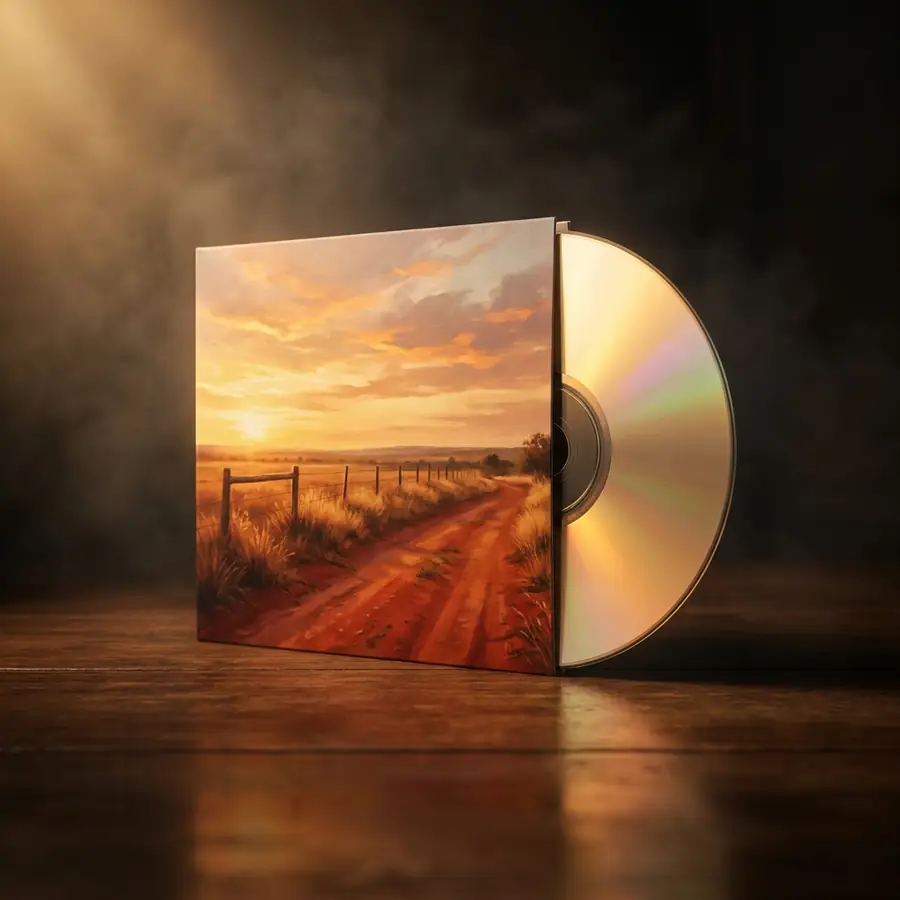 Capa do single O Mesmo Céu: embalagem sobre madeira, com o CD saindo pela lateral e uma estrada de terra ao entardecer na arte.