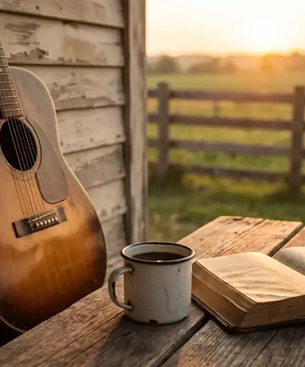 Homem de chapéu country, de costas, sentado diante do campo ao pôr do sol, com um lampião aceso sobre a mesa